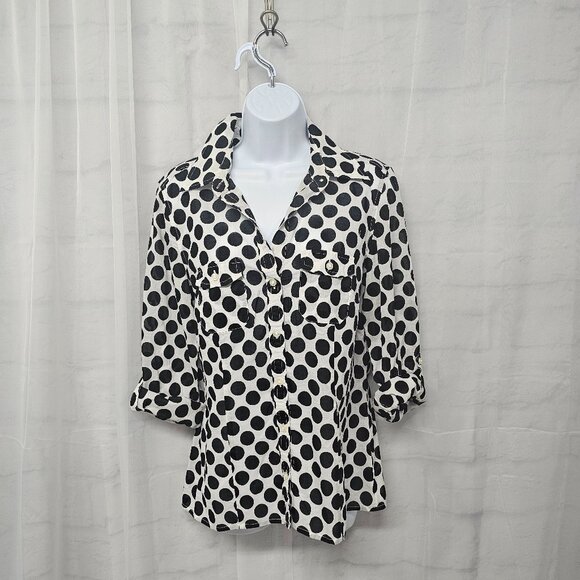 Ann Taylor Polka Dot Button-Up Blouse White Black Sheer Roll Tab 12 - Picture 1 of 10